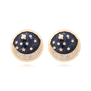 Round Celestial Star Moon Planet Stud Earrings Zinc Alloy Enamel Rhinestone Vintage Romantic Jewelry For Women