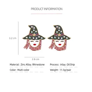 Cartoon witch hat girl earrings with colorful rhinestones and pink crystal details