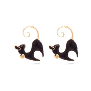Emaille Schwarze Katze Ohrstecker Zinklegierung Goldene Schleife Spiralschwanz Süßer Modeschmuck Für Damen Mädchen