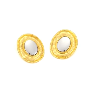 Vintage oval alloy stud earrings with gold hammered texture and silver center