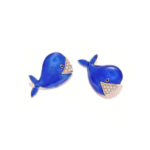 Boucles d'oreilles baleine en émail bleu et plaqué or avec strass scintillants