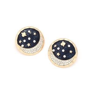 Gold celestial earrings with blue enamel, moon and stars motif, and sparkling rhinestones