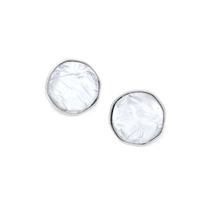 Minimalist irregular round stud earrings with silver metal edges and white textured resin