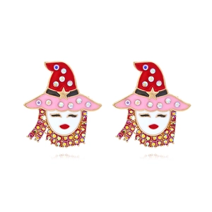 Whimsical witch head stud earrings with red hat and colorful rhinestones for women