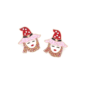 Halloween witch hat earrings with colorful rhinestones and gold alloy tassels