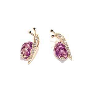 Cute golden snail stud earrings with purple enamel shell and sparkling crystal accents