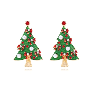Boucles D'oreilles Arbre De Noël Alliage De Zinc Émail Vert Strass Rouge Fausse Künstliche Perle Noeud Bijoux De Fête Pour Femmes