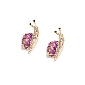 Cute snail stud earrings with purple enamel shell and sparkling crystals in gold finish