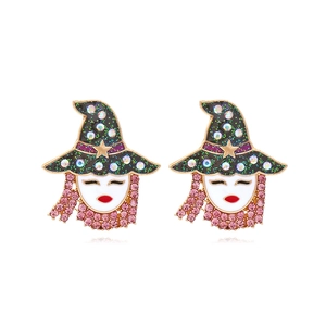 Halloween Witch Stud Earrings Alloy Enamel Rhinestone Cartoon Girl Hat Cute Holiday Novelty Jewelry For Women