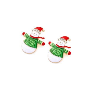 Detail of Christmas snowman stud earrings with colorful enamel and sparkling rhinestones