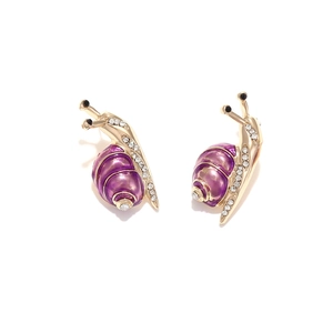 Cute snail stud earrings with purple enamel and sparkling rhinestones in gold alloy