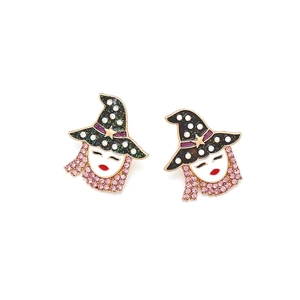 Cartoon witch hat earrings with pink rhinestones and colorful enamel for Halloween