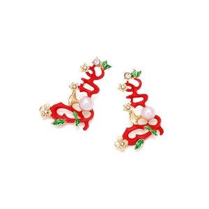 Boucles d'oreilles en alliage avec feuilles émaillées corail rouge et décor de perles