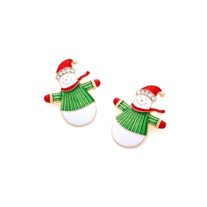 Cute enamel snowman stud earrings with red hat and rhinestones on white background