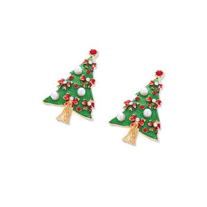 Boucles d'oreilles sapin de Noël en émail vert avec nœud rouge, perles et strass brillants