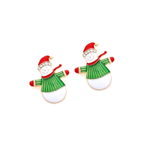 Detail of Christmas snowman earrings with colorful enamel and sparkling rhinestones