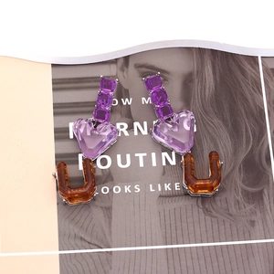 Retro purple heart earrings with amber U-shaped resin charms and silver metal finish
