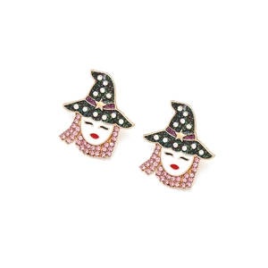 Detail of whimsical witch earrings with sparkling black hats and pink crystal beads
