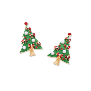 Boucles d'oreilles sapin de Noël en émail vert avec nœud rouge, perles et strass sur base or