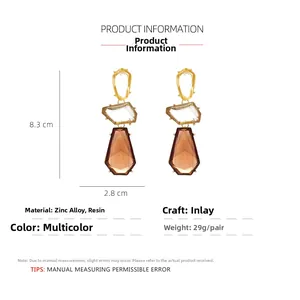 Detailed view of geometric resin drop earrings measuring 8.3 cm by 2.8 cm