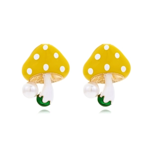 Cute Mushroom Drop Earrings With Yellow Enamel Polka Dot And Imitation Artificial Pearl Alloy Sweet Jewelry For Women Trendy