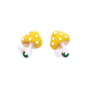 Cute alloy mushroom stud earrings with yellow enamel and imitation pearl accents