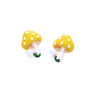 Cute yellow enamel mushroom stud earrings with pearl accents and alloy gold plating