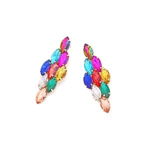 Sparkly geometric long earrings with colorful marquise crystals in gold setting