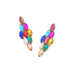 Detailed view of colorful marquise-cut crystal earrings in a vibrant claw-set leaf design