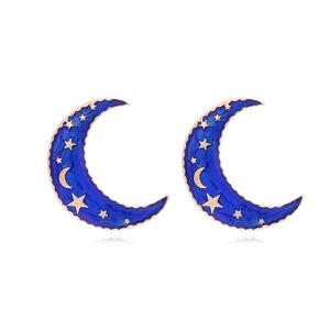 Boucles D'oreilles Puces Croissant De Lune Étoile Émail Bleu Alliage De Zinc Vintage Mode Ciel Étoilé Bijoux Femme