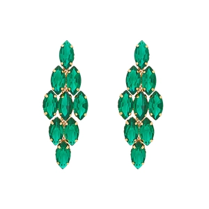 Sparkly geometric chandelier earrings with emerald marquise crystals in gold finish