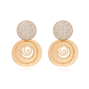 Vintage Round Drop Earrings Alloy Hammered Texture Spiral Cutout Rhinestone Inlaid Bohemian Fashion Jewelry For Women