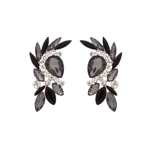 Sparkling crystal wing earrings with smoky grey pear rhinestones and gold alloy base