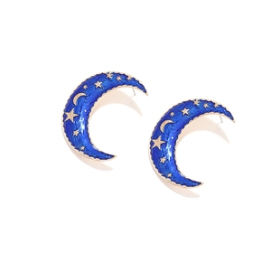 Boucles d'oreilles lune en or et émail bleu avec étoiles, bijoux célestes rétro