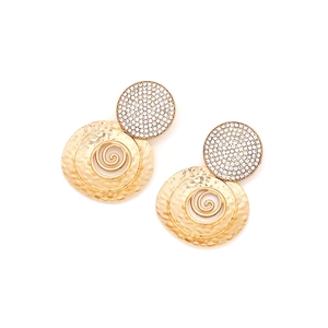 Vintage golden spiral texture earrings with pavé rhinestones and hammered metal finish