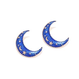 Boucles d'oreilles lune en émail bleu et doré avec motifs d'étoiles célestes chic