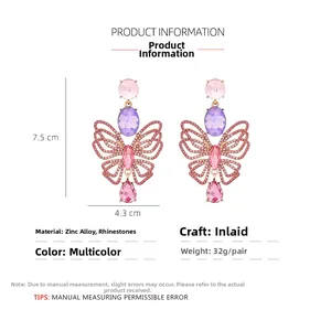 Detailed view of luxury butterfly earrings with colorful crystals and 7.5cm drop length