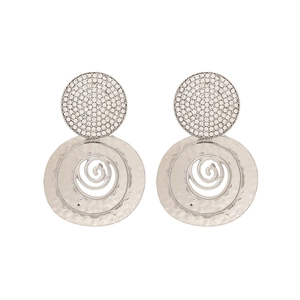 Silver retro spiral texture earrings with geometric crystals and hammered metal finish