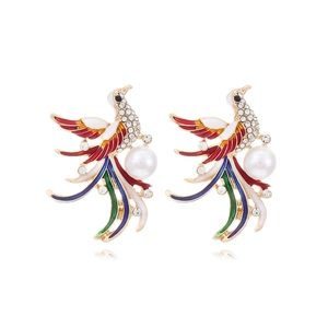 Phoenix Bird Artificial Pearl Earrings Vintage Chinese Style Enamel Rhinestone Alloy Dangle Studs For Women Elegant Jewelry