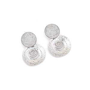 Silver spiral earrings with textured hammered finish and sparkling rhinestone studs