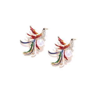 Elegant phoenix drop earrings with colorful enamel wings and faux pearl accents