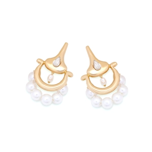 Vintage French style gold drop earrings with pearls and crystal insets on white background