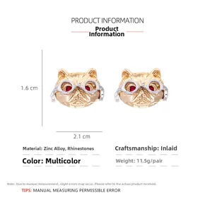 Detail view of cat earrings with glasses and red rhinestones showing dimensions 2.1x1.6cm