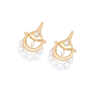 French vintage style gold drop earrings with pearls and crystals on white background