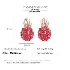 Detailed size parameters of rhinestone dragon fruit earrings measuring 4.5cm by 2.6cm