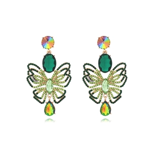 Luxury butterfly drop earrings with colorful gemstones and green crystals in gold alloy
