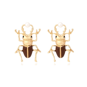Beetle Insect Dangle Earrings Zinc Alloy Enamel Drip Oil Imitation Artificial Pearl Retro Fashion Jewelry For Women