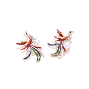 Elegant phoenix alloy earrings with colorful enamel, white rhinestones and faux pearls