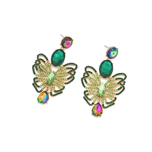 Luxury butterfly drop earrings with green rhinestones and gold plating for women