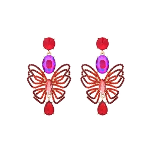 Luxury butterfly drop earrings with colorful crystals and sparkling red tassels
